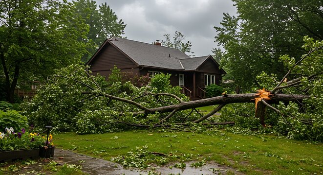 Fallen Tree Blocks Driveway After Severe Storm Damages Residential Property.