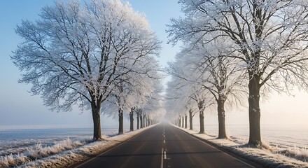 Frosty Winter Road Lined with Snow-Covered Trees Under a Clear Sky.