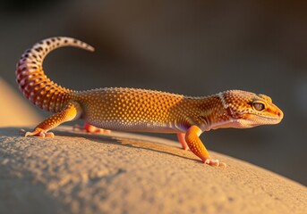 Obraz premium Vibrant tangerine leopard gecko, a spotted reptile, with dark banding details