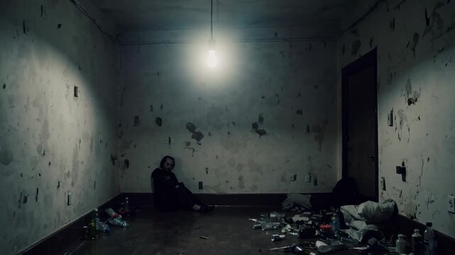 A dimly lit, wide-angle shot of a distressed person in a decrepit room, evoking a haunting, cinematic video atmosphere with peeling walls and scattered debris.