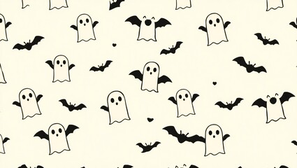 Whimsical hand drawn halloween ghost and bat pattern