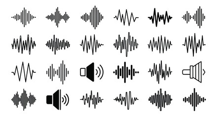 Collection of various sound wave patterns and audio speaker icons shown