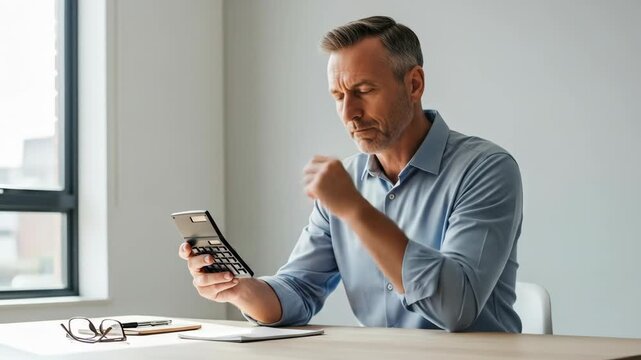A man is thoughtfully calculating on a calculator while seated at a desk near a window
