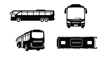 Black and white silhouettes showing a public transportation bus from multiple views