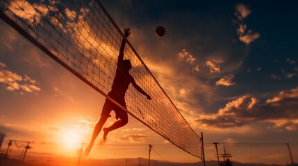 Silhouette of athlete spiking a ball over a net against a dramatic sunset sky