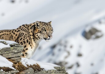 Obraz premium Powerful snow leopard with striking spotted coat in snowy mountain habitat