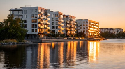 Fototapeta premium Modern residential buildings illuminate brightly along calm water at sunset