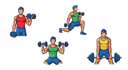 Cartoon illustration of muscular men performing various dumbbell exercises