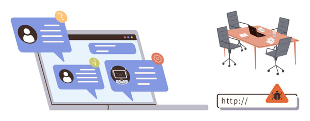 Chat bubbles on a laptop screen, boardroom table with chairs, bug alert on a URL. Ideal for teamwork, communication, cybersecurity, risk management, productivity, virtual meetings IT awareness