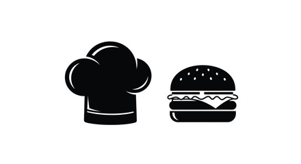 A simple black and white illustration of a chef s hat and burger