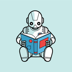 Cute robot reading a book on a light blue background
