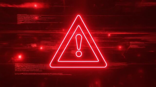 Cyber Alert Triangle &ndash; Glowing Red Warning Symbol with Digital Particles in High-Tech Background 4k video