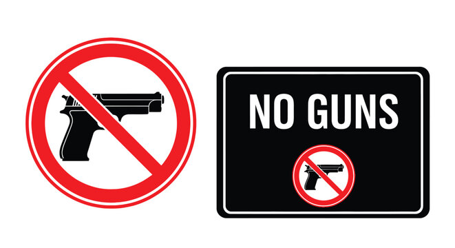 Prohibition signage clearly displays a no guns policy with visual warnings