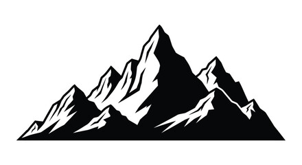 A striking black and white illustration of a rugged mountain range scene