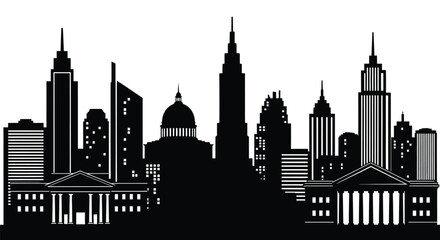 A striking black and white silhouette of a modern city skyline
