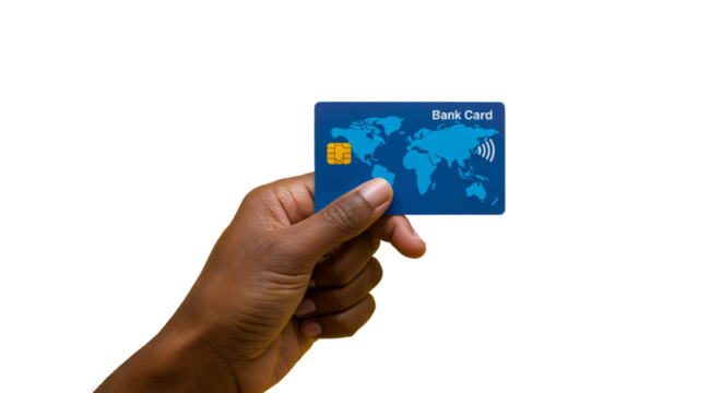 A close-up shot features a person's dark brown hand holding a blue bank card against a transparent, isolated background.