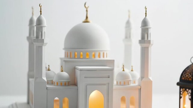 A white toy mosque is centered against a soft, bright background, with golden accents