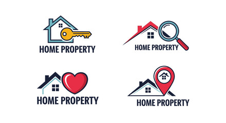 Illustrations of home property elements like keys roofs and location pins
