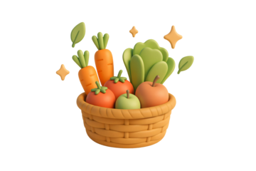 3D model cartoonish woven basket filled with various vegetables, including carrots, potatoes, and leafy greens. No background, isolated png file.