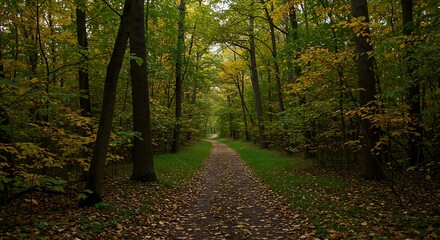 Obraz premium Forest Path in Autumn - A Serene Walk Through Natures Beauty.