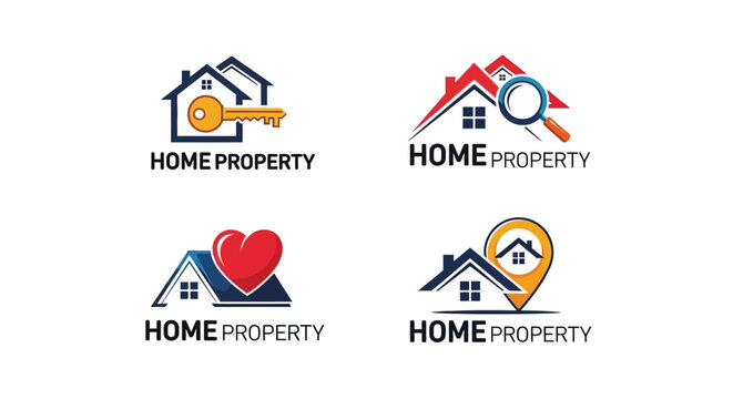 Real estate logo designs featuring houses keys hearts and location pins