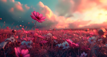 Cute cosmos in the field with pink evening sky