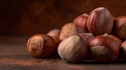Fototapeta premium Pile of whole hazelnuts rests upon a dark, textured surface under dramatic lighting
