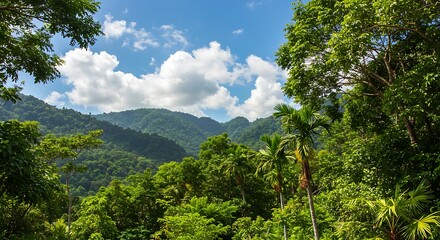 Lush Green Mountain Landscape with Tropical Trees and Cloudy Sky.