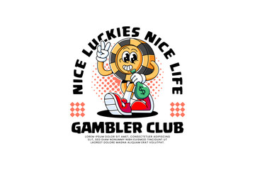 Casino chip retro cartoon character illustration holding money bag and peace hand for casino and gambling. Poker chip with money sack cartoon mascot for gaming. Cute gambler token vector character