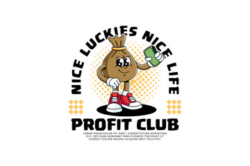 Money bag retro cartoon mascot illustration holding money cash for business. Cash profit sack with dollar bills cartoon character for finance. Wealth pouch, Saving bag, Cash bag vector mascot