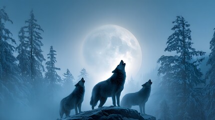 Three wild canines howl toward a massive glowing orb in a cold, foggy forest setting