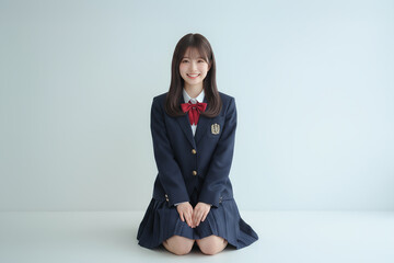 座っている笑顔のかわいい女子高生