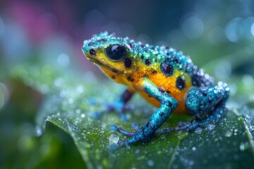Obraz premium A vibrant poison dart frog clinging to a dewy leaf in a lush rainforest, water droplets sparkling on its colorful skin 