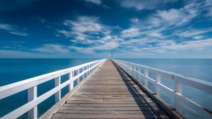Long wooden pier stretches out over deep blue ocean toward the distant horizon under a bright, cloudy sky
