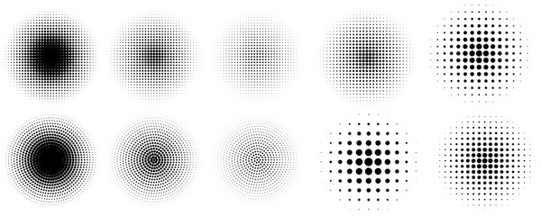 Halftone gradient circles collection. Dots textured round patterns. Cartoon comic radial faded background set. Abstract pixelated elements for frame, poster, collage, banner, flyer. Vector bundle