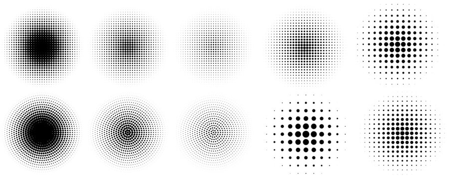 Halftone gradient circles collection. Dots textured round patterns. Cartoon comic radial faded background set. Abstract pixelated elements for frame, poster, collage, banner, flyer. Vector bundle