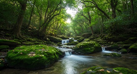 Obraz premium Lush Green Forest Stream with Mossy Rocks and Sunlight.