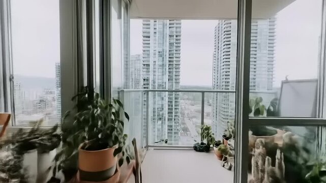 A modern apartment interior, showcasing a bright kitchen and living area with city views and boho-inspired decor.