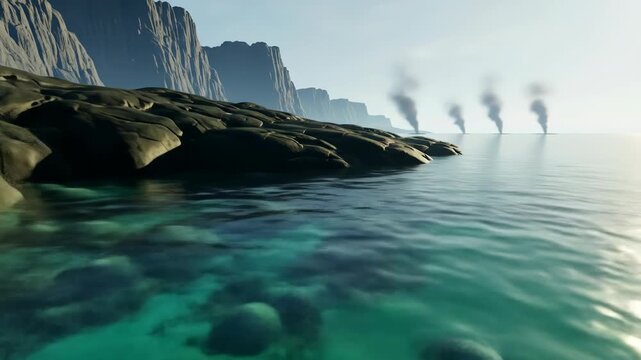A coastal landscape with rocky terrain leading to a tranquil turquoise ocean; smoke in the distance