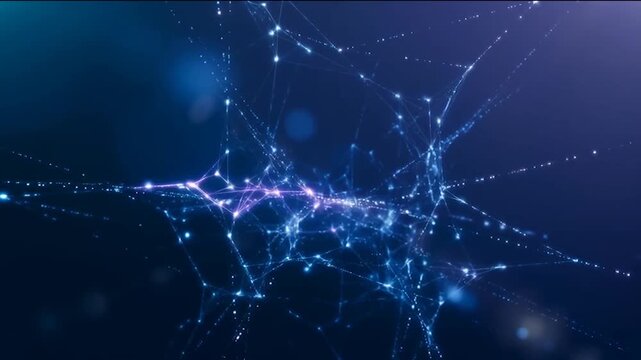 4K ultra-realistic loop of a futuristic flowing data network plexus. Countless luminous particles and interconnected lines drift gracefully through deep 3D space, forming a complex neural web 