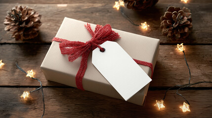 Rustic Christmas Gift with Blank Tag and Festive Lights