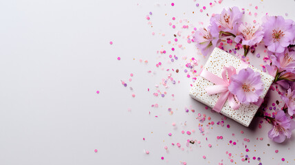 Elegant Gift Box with Pink Flowers Flat Lay