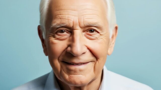 A close-up portrait shows an elderly man smiling at the viewer. Light blue background