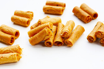 Rolled crispy wafers filled with shredded pork floss, Thai snack.