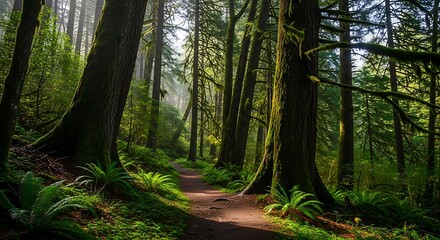 Obraz premium Lush Forest Trail - Sunlight Filtering Through Towering Trees.