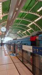 Bekasi, Indonesia &ndash; October 22, 2025: View of LRT Station Cikunir 1 tunnel construction arch steel and railway from platform.	