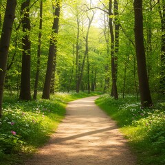 Obraz premium Sunlit Forest Path Bathed in Golden Light.