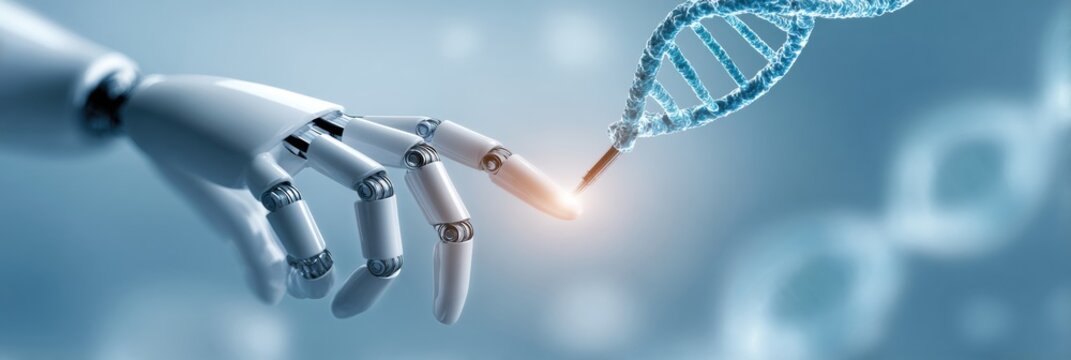 Robot Hand Reaching to Touch Glowing DNA Strand in Futuristic Digital Environment