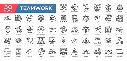Teamwork collection set. Statistics, Supervised ,Teamwork, Project , Presentation, Strategy , Communications, Diagram, icon. Simple Outline vector illustrati
