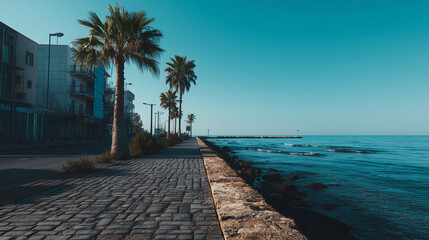 Fototapeta premium Deserted seaside promenade with palm trees, stone pavement, and calm blue sea under clear morning sky.